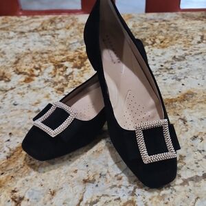 Alex Marie Black Velvet Flats with Pearl Buckle Size 10